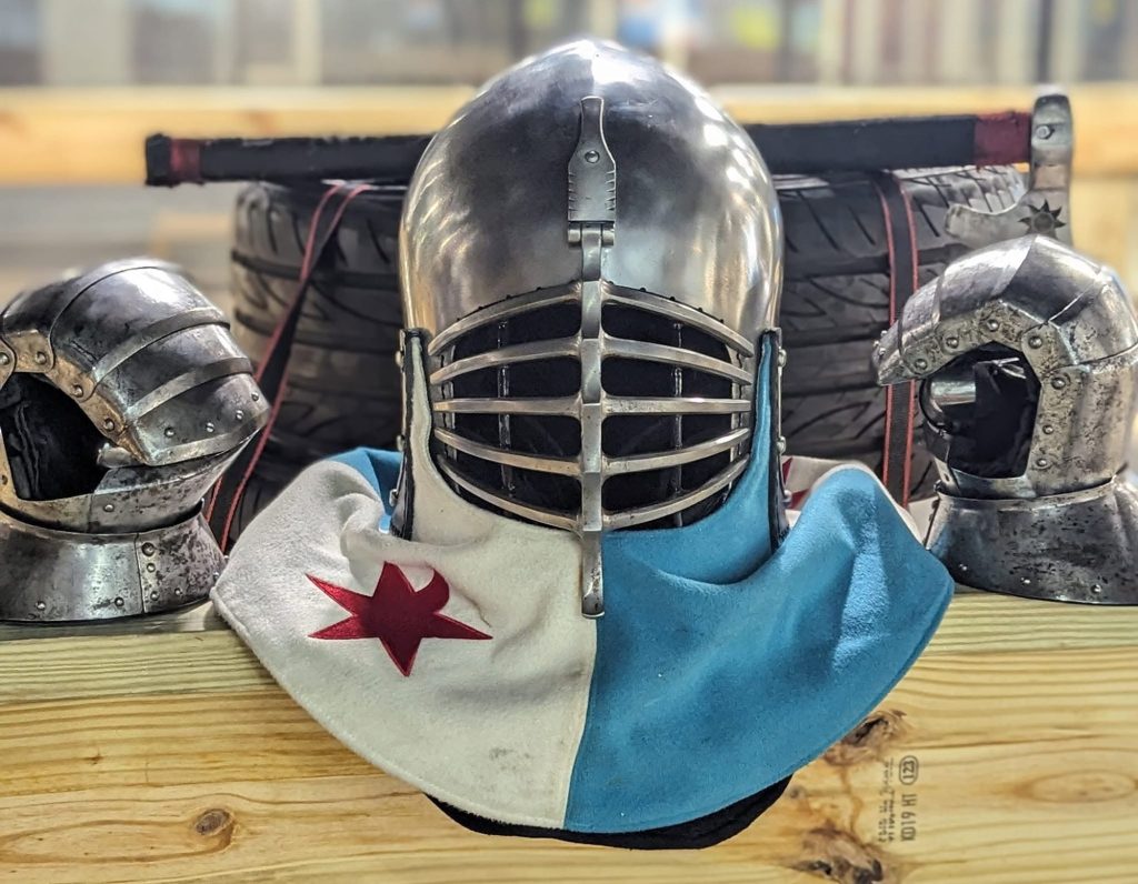 Steel helmet with a Chicago-flag aventail cover